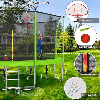 Upgraded 10/12/14/15/16FT Trampoline Outdoor, Large Kids Trampoline with Light, Stakes, Sprinkler
