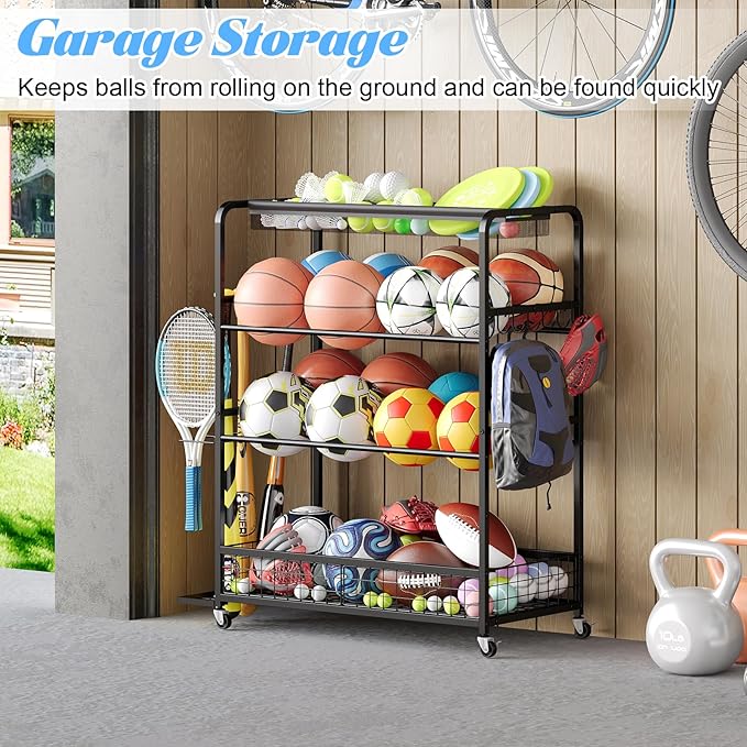 Garage Sports Equipment Storage Rack,Wheeled Sports Ball Storage Box,Double-Tier Double-Row