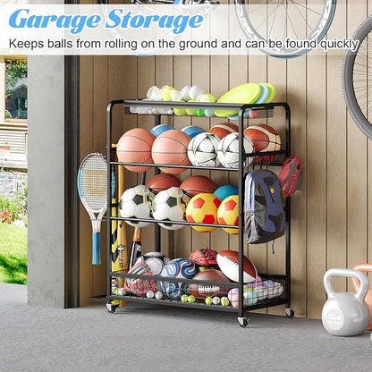 Garage Sports Equipment Storage Rack,Wheeled Sports Ball Storage Box,Double-Tier Double-Row
