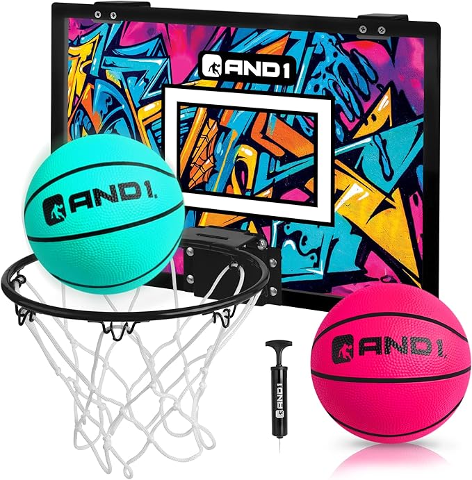 AND1 Over the Door Mini Basketball Hoop: 18x12 Shatterproof Backboard, 2 Mini Basketballs, and Hand
