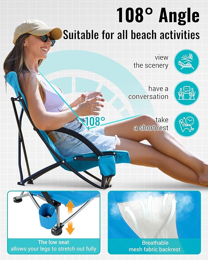 KingCamp Low Beach Chairs, Portable Folding Chair for Adults Extra Wide Ergonomic High Back Seat