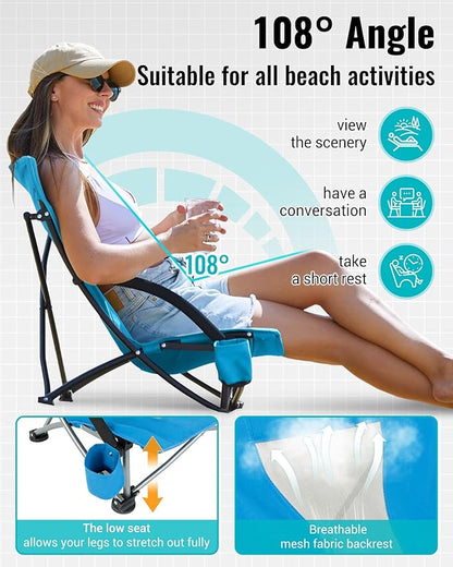 KingCamp Low Beach Chairs, Portable Folding Chair for Adults Extra Wide Ergonomic High Back Seat