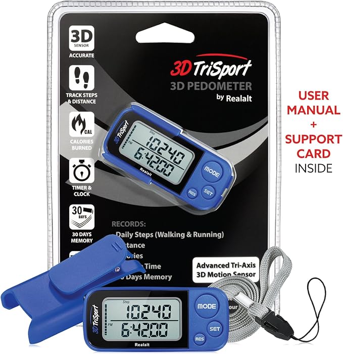 3DTriSport Walking 3D Pedometer with Clip & Strap, eBook Included | 30 Days Memory, Accurate Step