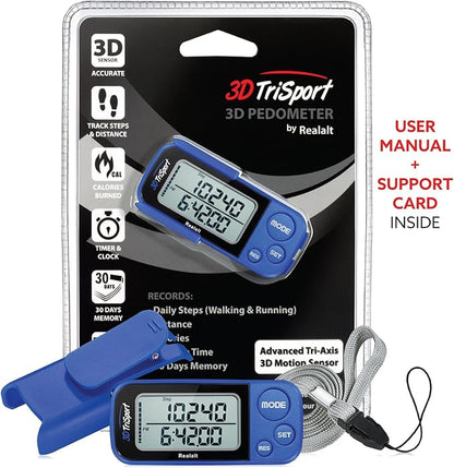 3DTriSport Walking 3D Pedometer with Clip & Strap, eBook Included | 30 Days Memory, Accurate Step