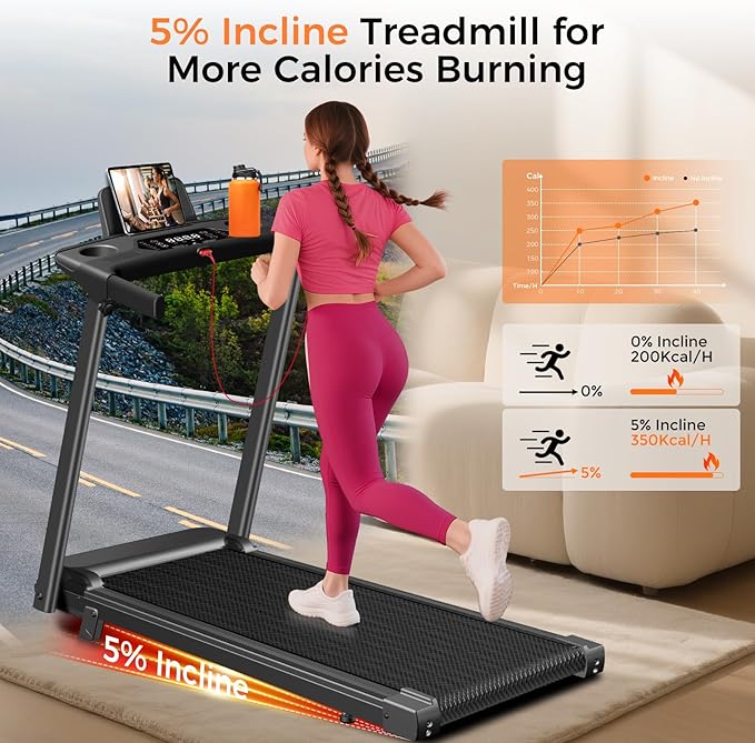 Treadmill with Incline, 3.0HP Small Treadmills for Home, Portable Electric Treadmill with
