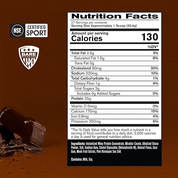 BARE PERFORMANCE NUTRITION, BPN Whey Protein + Casein Protein Powder Blend, Fudge Chocolate, 25g