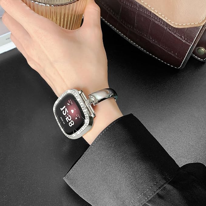 Silm Metal Band Compatible with Fitbit Versa 4/Fitbit Sense 2 Band Cute Women, Bling Jewelry Strap