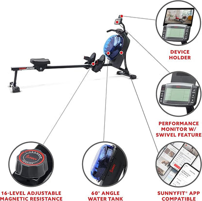 Sunny Health & Fitness Elite Water Rowing Machine with High Dynamic Resistance Vertical Tank