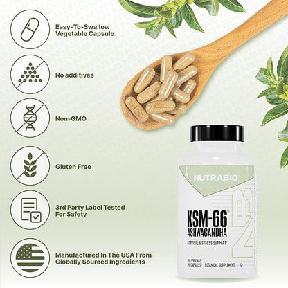 NutraBio Ashwagandha KSM-66 | Ashwaganda Herbal Supplement for Stress, Mood, & Performance | 600 MG