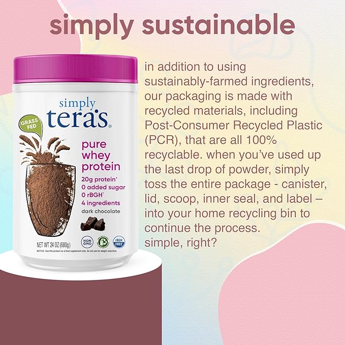 simply tera's Pure Whey Protein Powder - Dark Chocolate Clean Protein Powder, Grass Fed Whey