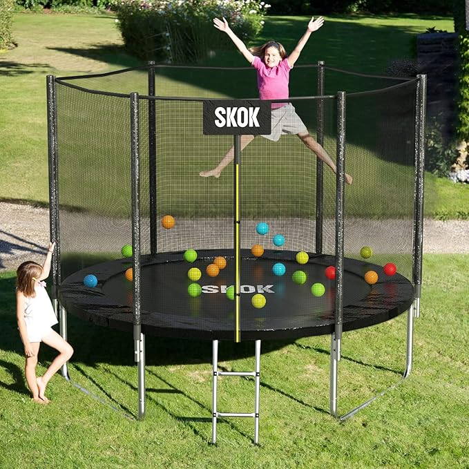 SKOK Trampoline 8FT 10FT 12FT 14FT 15FT Trampolines with Enclosure Net, 400LBS Outdoor Trampolines