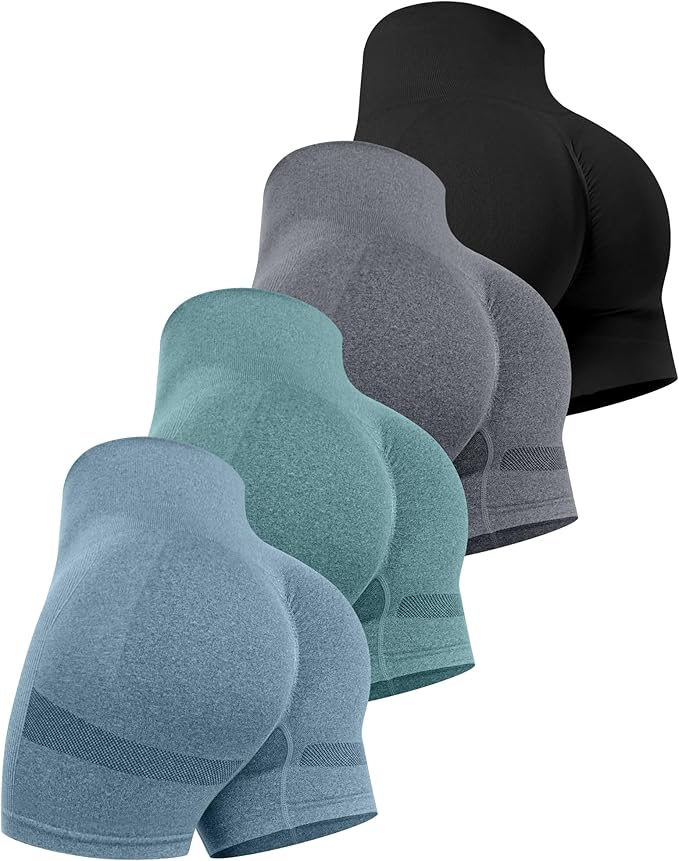 CHRLEISURE Women's 4 Packs Workout Gym Shorts, High Waisted Butt Lifting Scrunch Butt Seamless