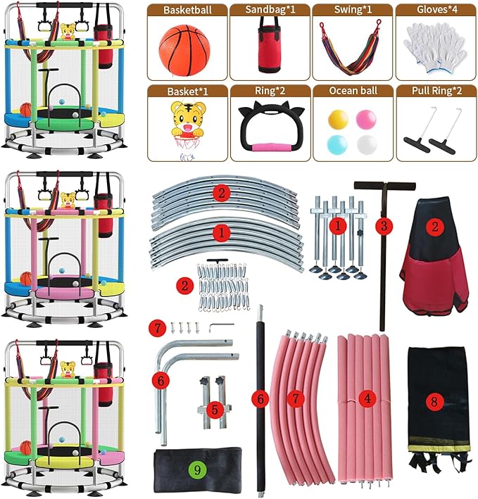 Trampoline for Kids, Adjustable Baby Toddler Trampoline with Basketball Hoop, Round Bottom Indoor
