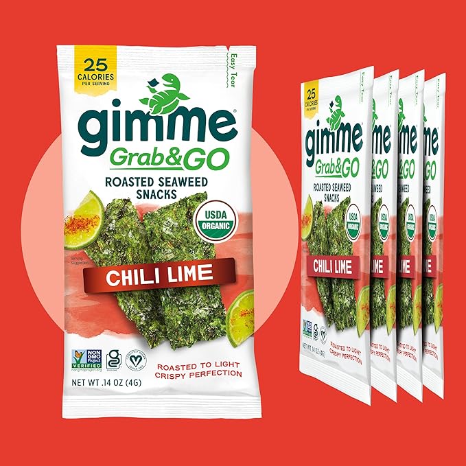 Gimme Seaweed Grab & Go Organic Premium Roasted Seaweed Snacks, Chili Lime, 5 Count Trayless, Keto