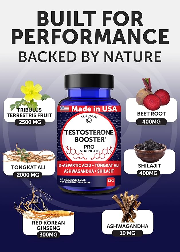 Lunakai USA Made Natural Testosterone Booster for Men with Tongkat Ali, Ashwagandha & Shilajit