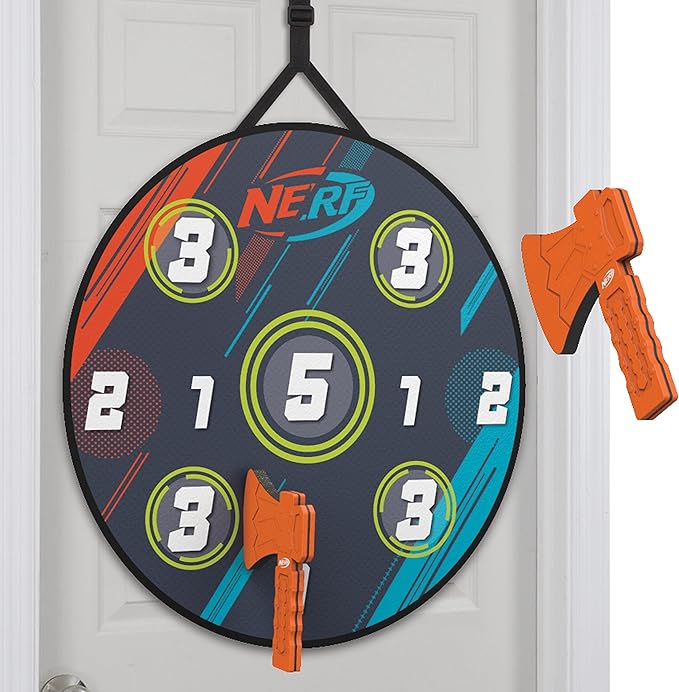 NERF Lumberjack Toss Axe Throw - Back-of-Door Axe Tossing Target with 2 Foam Axes - Great for Game