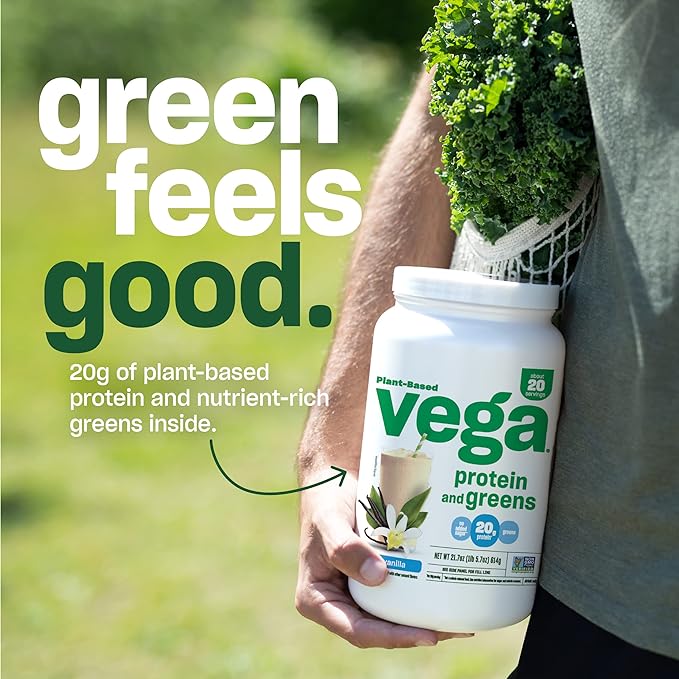 Vega Protein and Greens Protein Powder, Vanilla - 20g Plant Based Protein Plus Veggies, Vegan, Non