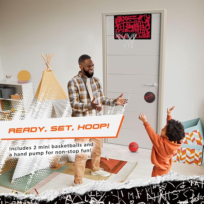 AND1 Over the Door Mini Basketball Hoop: 18x12 Shatterproof Backboard, 2 Mini Basketballs, and Hand
