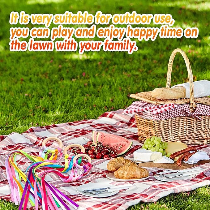 12 Pcs Rainbow Ribbon Wooden Waldorf Toys Creative Waldorf Hand Kite Set Streamers with Wood Ring