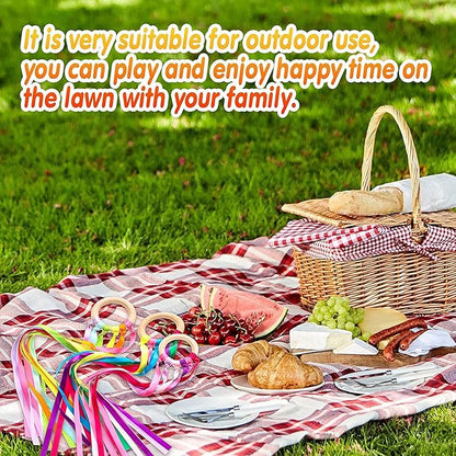 12 Pcs Rainbow Ribbon Wooden Waldorf Toys Creative Waldorf Hand Kite Set Streamers with Wood Ring