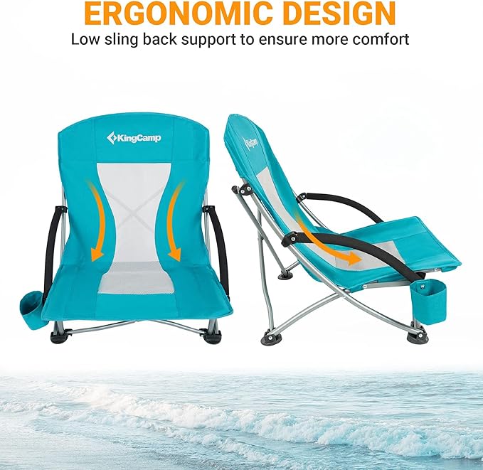 KingCamp Low Beach Chairs, Portable Folding Chair for Adults Extra Wide Ergonomic High Back Seat