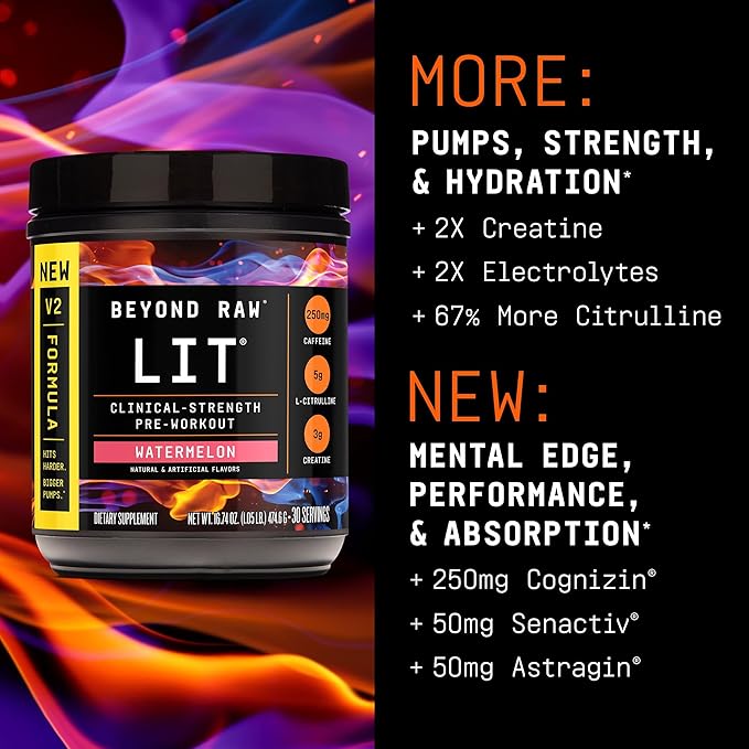 BEYOND RAW LIT V2 Clinical Strength Pre Workout Powder, Hits Harder, Bigger Pumps, Caffeine