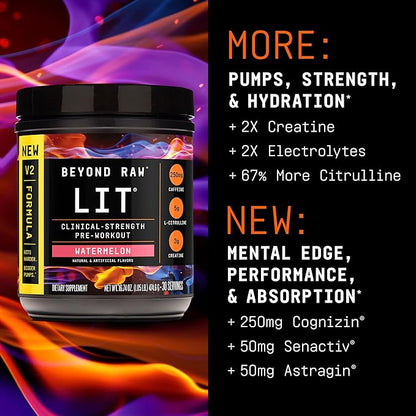 BEYOND RAW LIT V2 Clinical Strength Pre Workout Powder, Hits Harder, Bigger Pumps, Caffeine