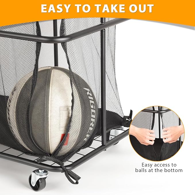 HEOMU Ball Storage Bin Rolling Garage Ball Storage Cart with Lockable Wheels, Metal Frame Mesh