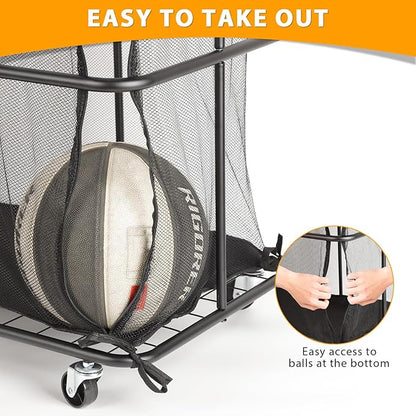 HEOMU Ball Storage Bin Rolling Garage Ball Storage Cart with Lockable Wheels, Metal Frame Mesh