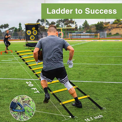 Agility Ladder Training Equipment Set - Agility Ladder(12 Rungs/20ft), 4 Speed Hurdles, 12 Training