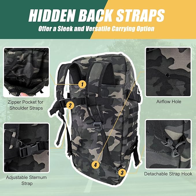 65L Large Travel Duffle Bag Military Tactical Backpack, Army Assault Pack Bug Out Bag Rucksack for