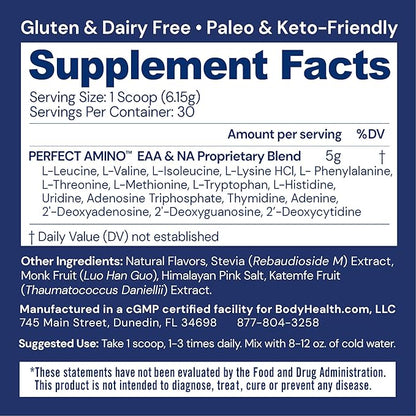 BodyHealth PerfectAmino Powder - BCAA and EAA Powder for Pre and Post Workout - Amino Acid Energy