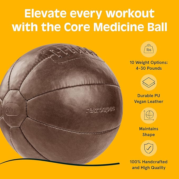 Core Weighted Medicine Ball 4, 6, 8, 10, 12, 14, 16, 20, 25, 30 lbs, Soft Touch Vegan Leather with