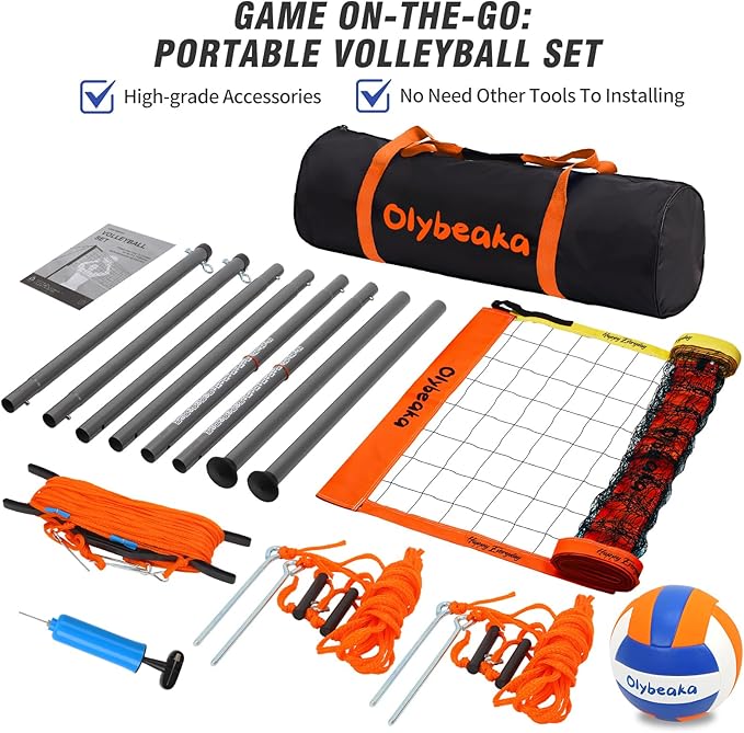 Outdoor Portable Volleyball Net Set for Backyard Beach with Adjustable Heavy Duty Poles, Durable