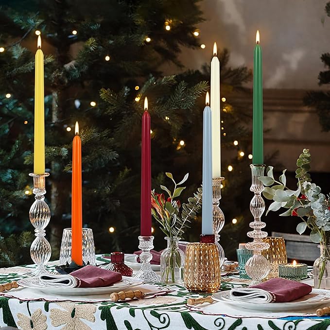 24 Colored Taper Candles, 7-8 Hours Burn Time, Unscented, Smokeless and Dripless, 0.75 x 10 Inch