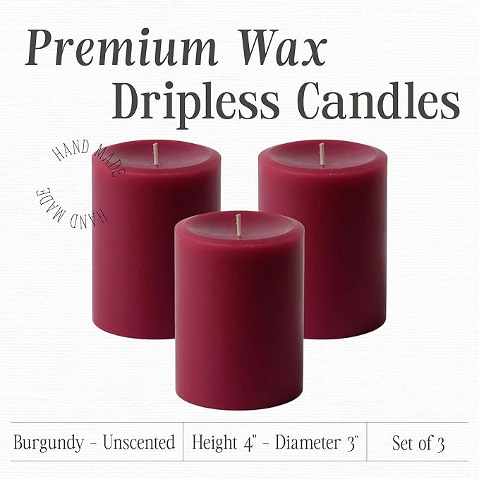 Mister Candle Dripless Unscented Pillar Candles, Set of 3 Hand Poured Solid Color Non-Scented
