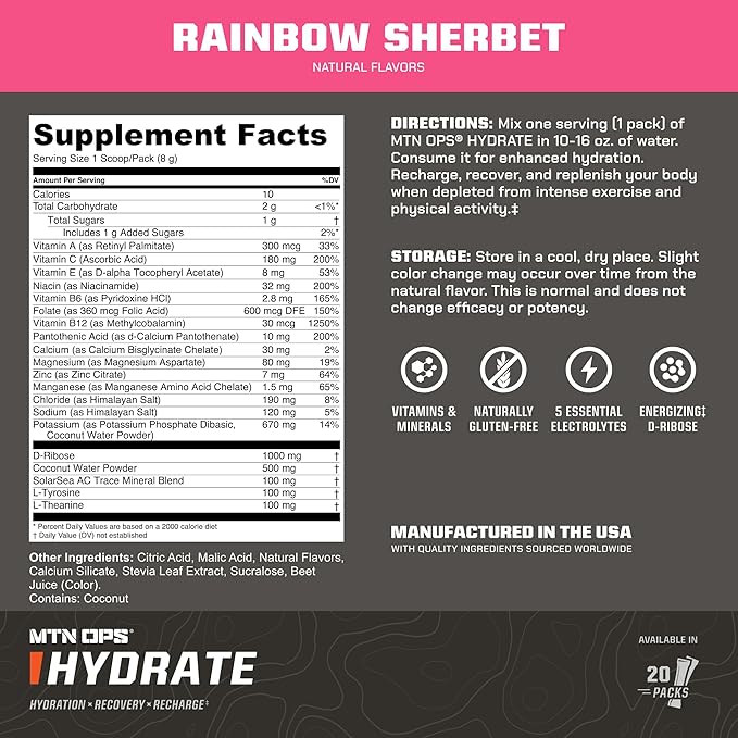 MTN OPS Hydrate Electrolytes Powder Drink Mix, 20 Single Serving On-The-Go Electrolyte Packs with