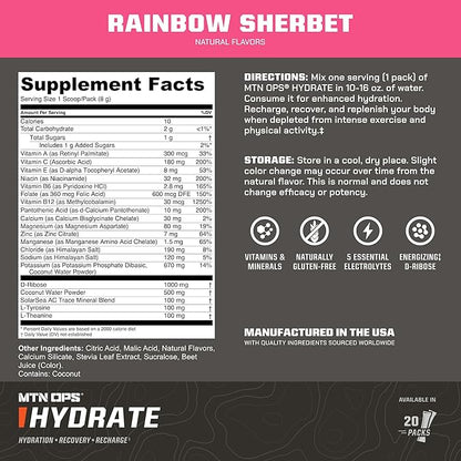 MTN OPS Hydrate Electrolytes Powder Drink Mix, 20 Single Serving On-The-Go Electrolyte Packs with