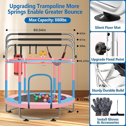 60" Toddler Trampoline for Kids, 5FT Adjustable Trampoline Indoor Outdoor with Enclosur Net, Mini