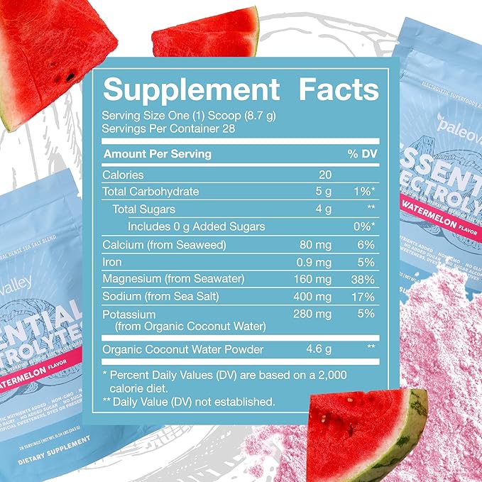 Paleovalley Essential Electrolytes Powder - Full Spectrum Watermelon Electrolyte Powder for