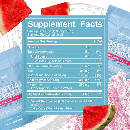 Paleovalley Essential Electrolytes Powder - Full Spectrum Watermelon Electrolyte Powder for