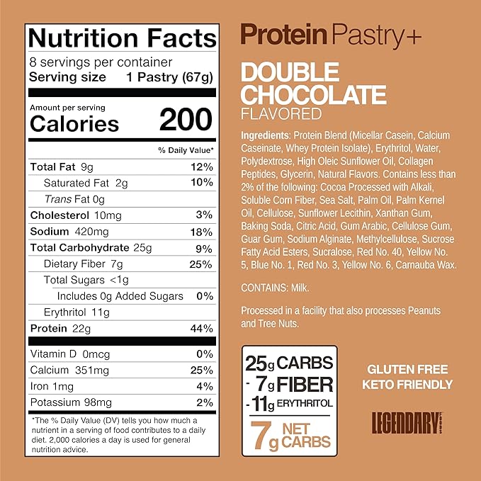 Legendary Foods 22g Protein Pastry+ Double Chocolate, Low Carb Meal Replacement Bar, Low Glycemic