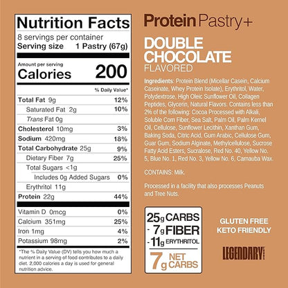 Legendary Foods 22g Protein Pastry+ Double Chocolate, Low Carb Meal Replacement Bar, Low Glycemic