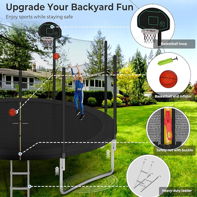 Upgraded 10/12/14/15/16FT Trampoline Outdoor, Large Kids Trampoline with Light, Stakes, Sprinkler