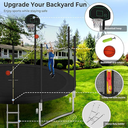 Upgraded 10/12/14/15/16FT Trampoline Outdoor, Large Kids Trampoline with Light, Stakes, Sprinkler