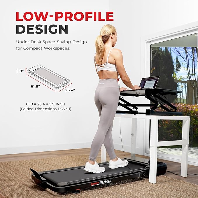 Sunny Health & Fitness Sleek Compact Smart Treadpad Treadmill with 6-Level Auto Incline, Remote