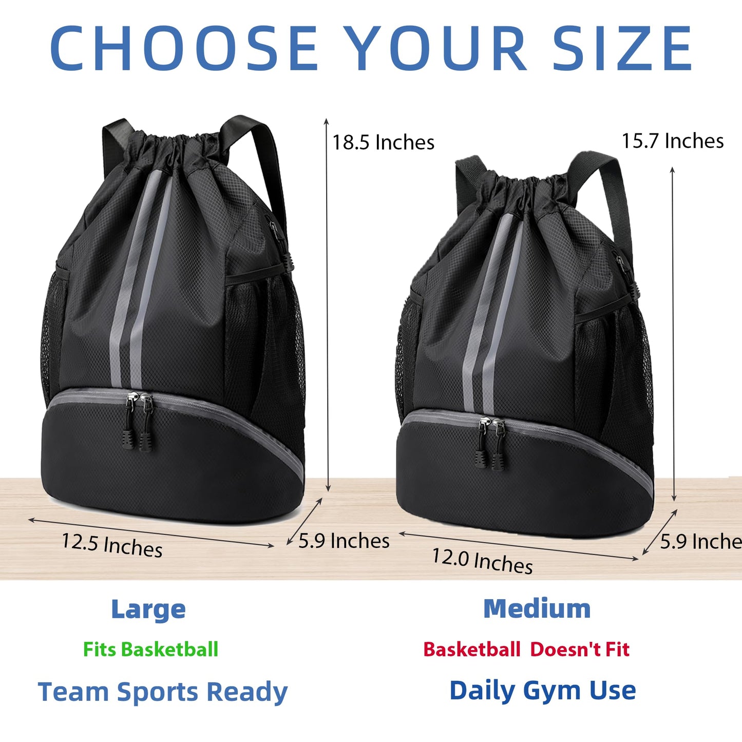 JELUTAR Drawstring Backpack Gym Bag with Shoes Compartment, Black
