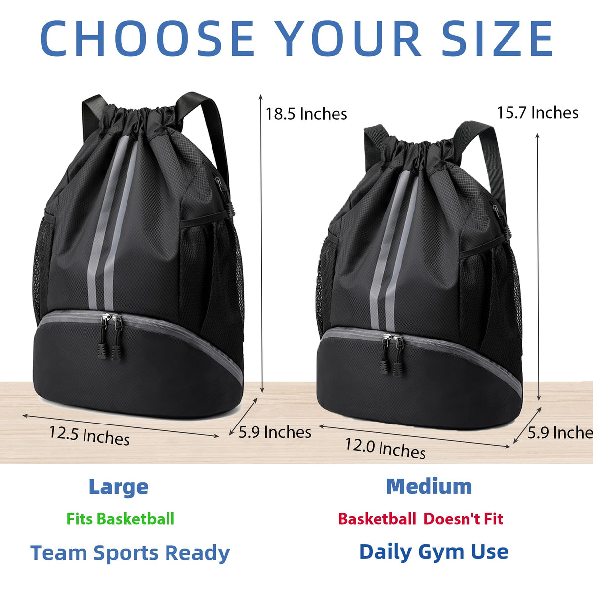 JELUTAR Drawstring Backpack Gym Bag with Shoes Compartment, Black