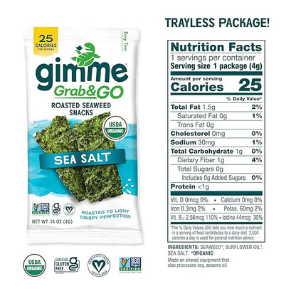 Gimme Seaweed Grab & Go Organic Premium Roasted Seaweed Snacks, Sea Salt, 18 Count Trayless, Keto