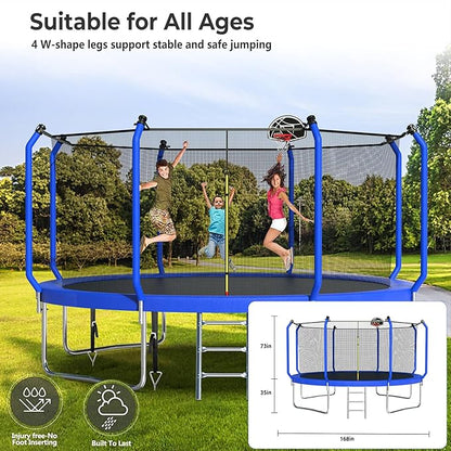 Upgraded Trampoline 8FT/10FT/12FT/14FT With Basketball Hoop, Light, Sprinkler, Stakes - Outdoor